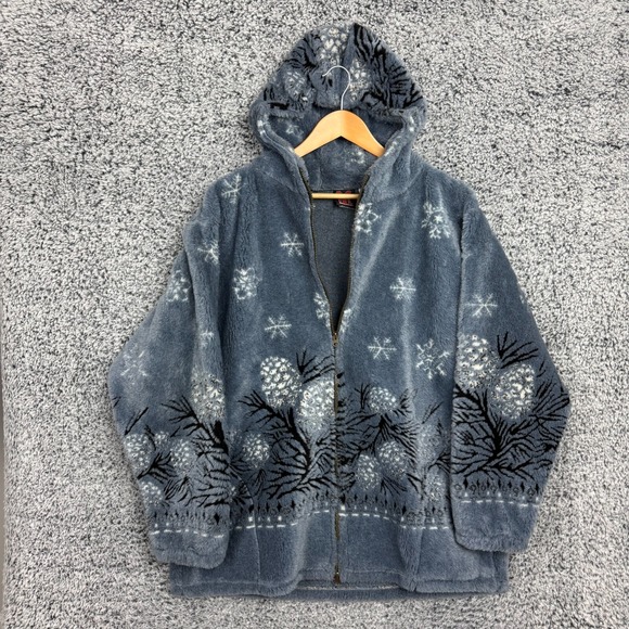 Vintage Mazmania Jacket Womens XXL Fair Isle Snowflakes Hooded Fleece USA 2XL - Picture 1 of 14